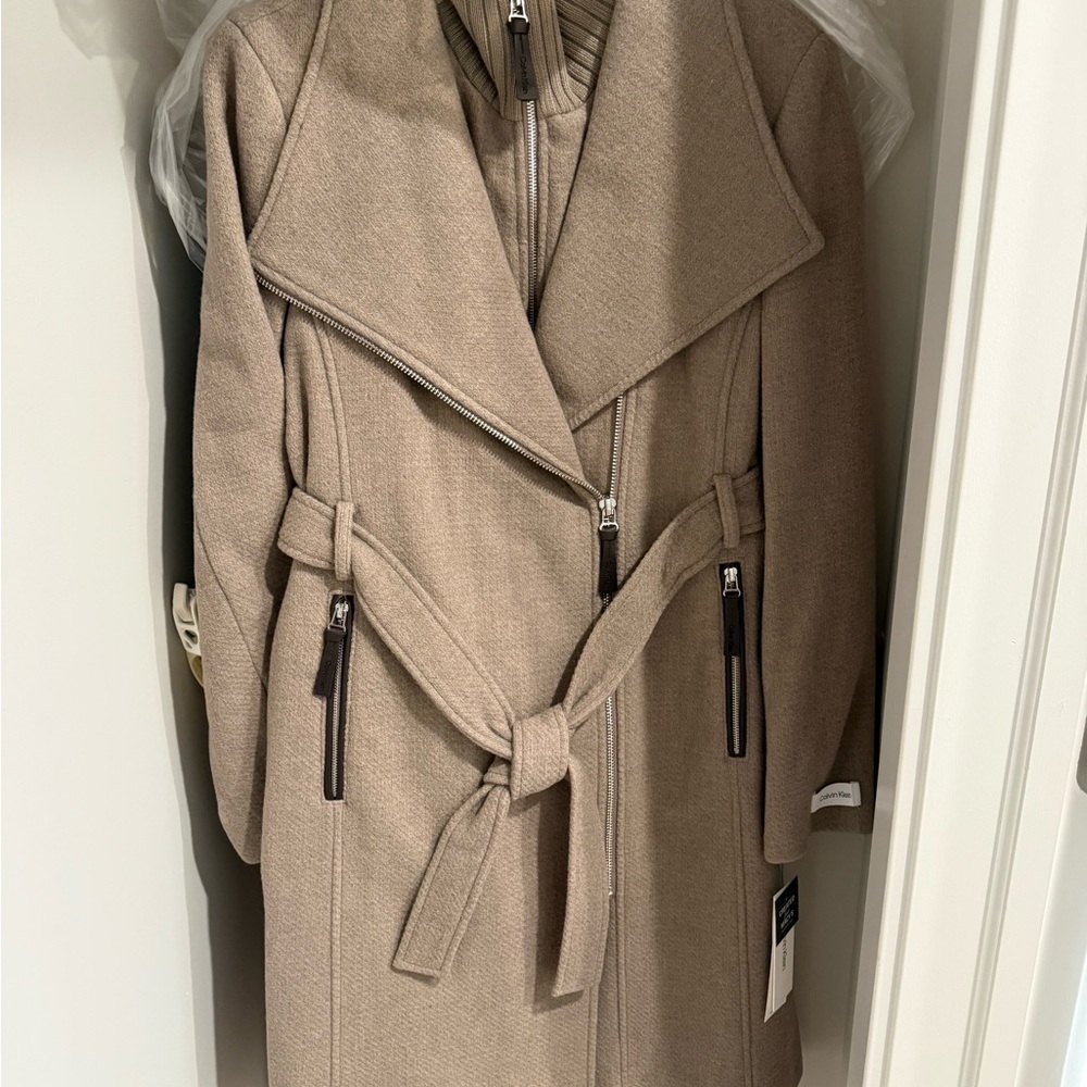 Calvin Klein Beige Belted Pea Coat